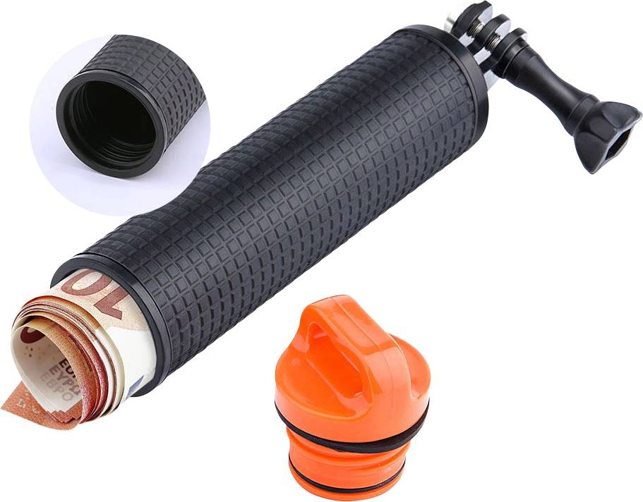 A black, tubular container with a screw-on lid, serving as a waterproof storage solution. Contains rolled-up banknotes.