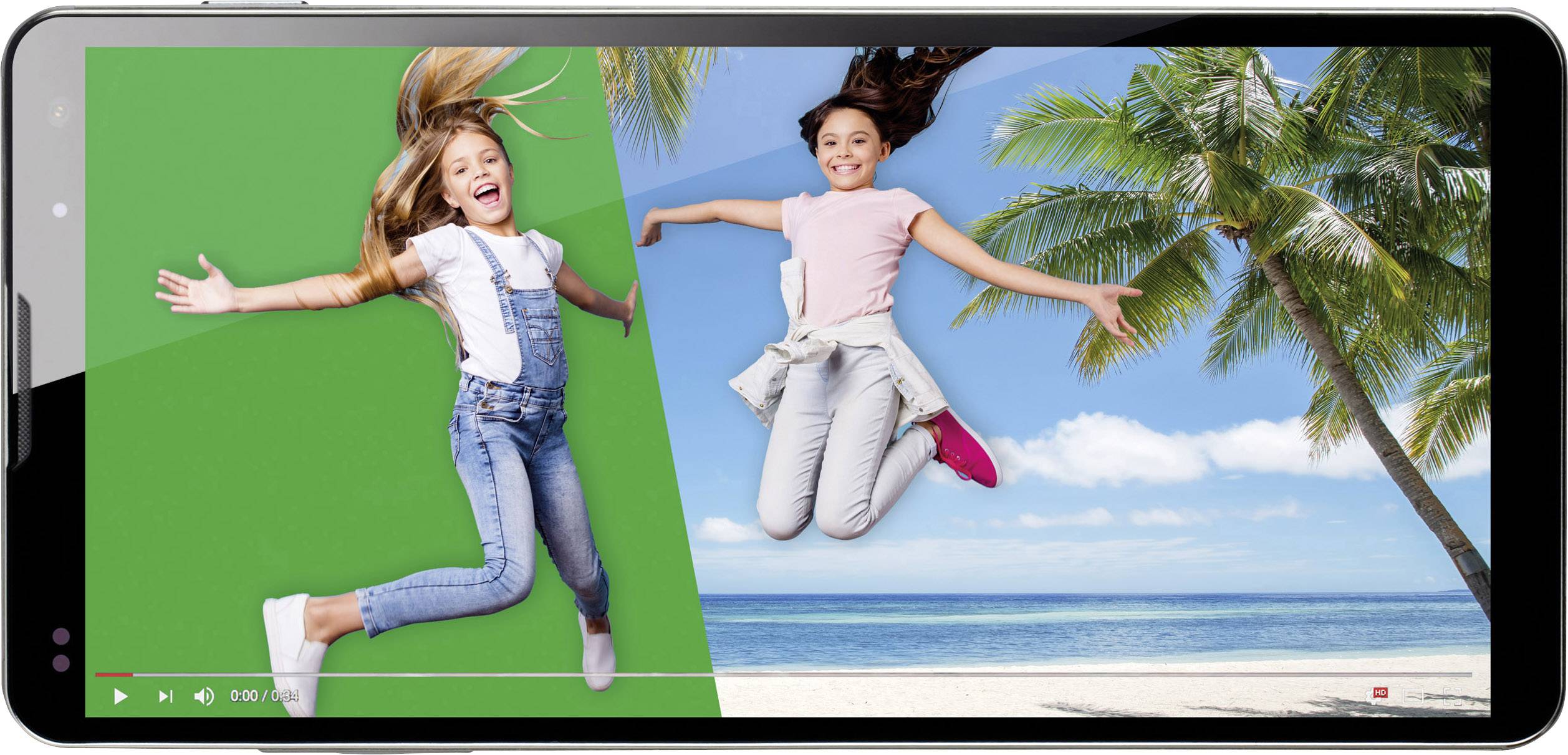 Two girls are jumping joyfully in the air, on the left against a green background and on the right in front of a tropical beach with palm trees.