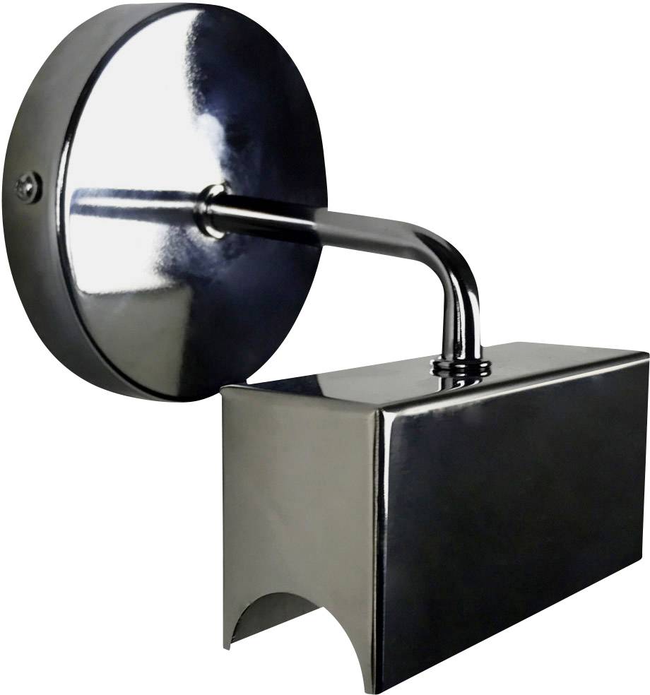 Metallic wall light with an L-shaped design and rectangular lampshade, mounted on a circular base.