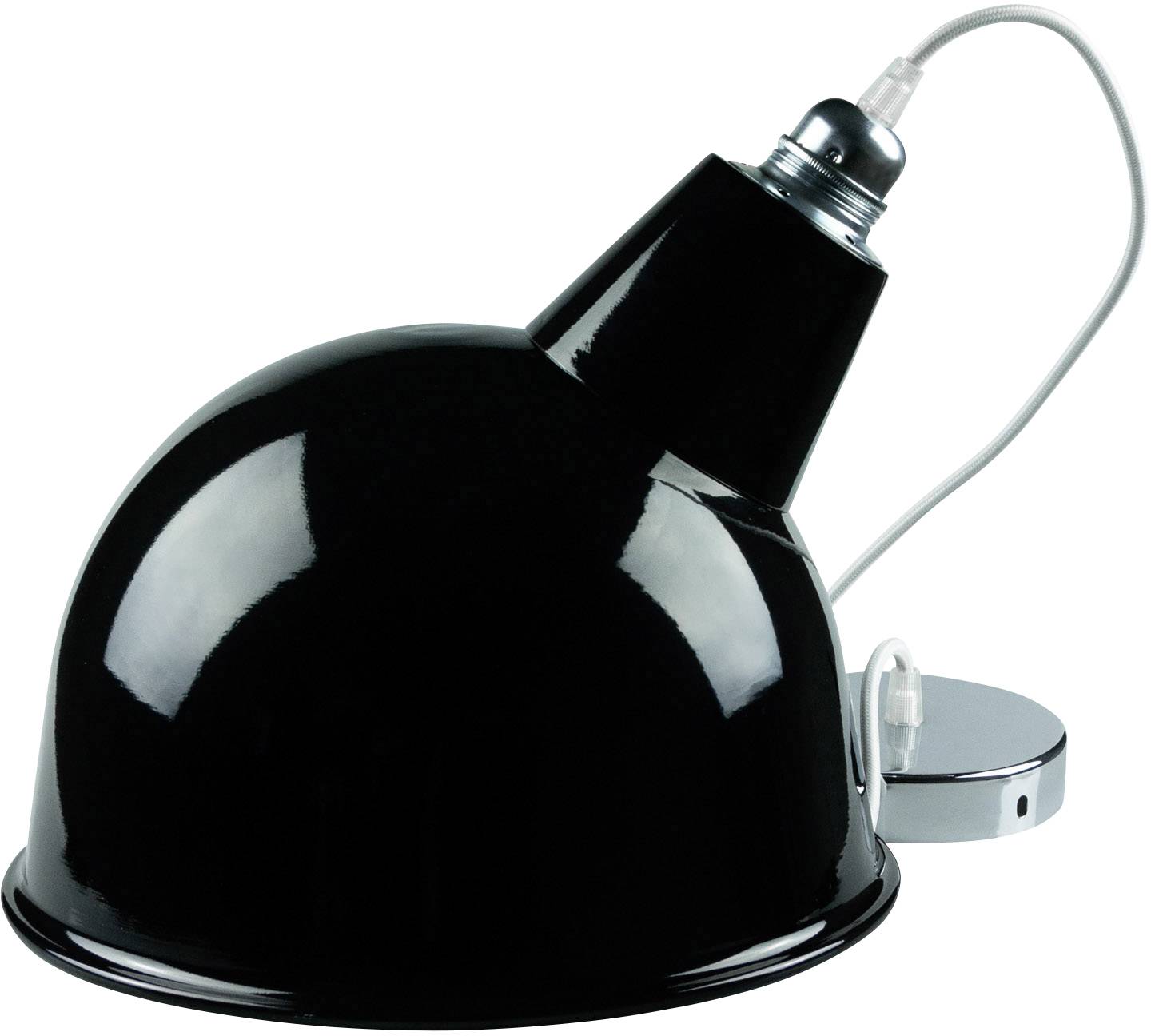 A sleek black desk lamp with a round shade and adjustable neck mounted on a silver base. It is switched off.