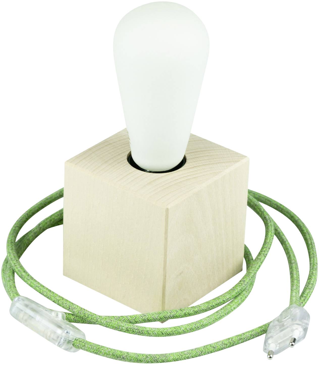 A dull light bulb is nestled in a square wooden cube with a green, fabric-covered cable that has a plug.