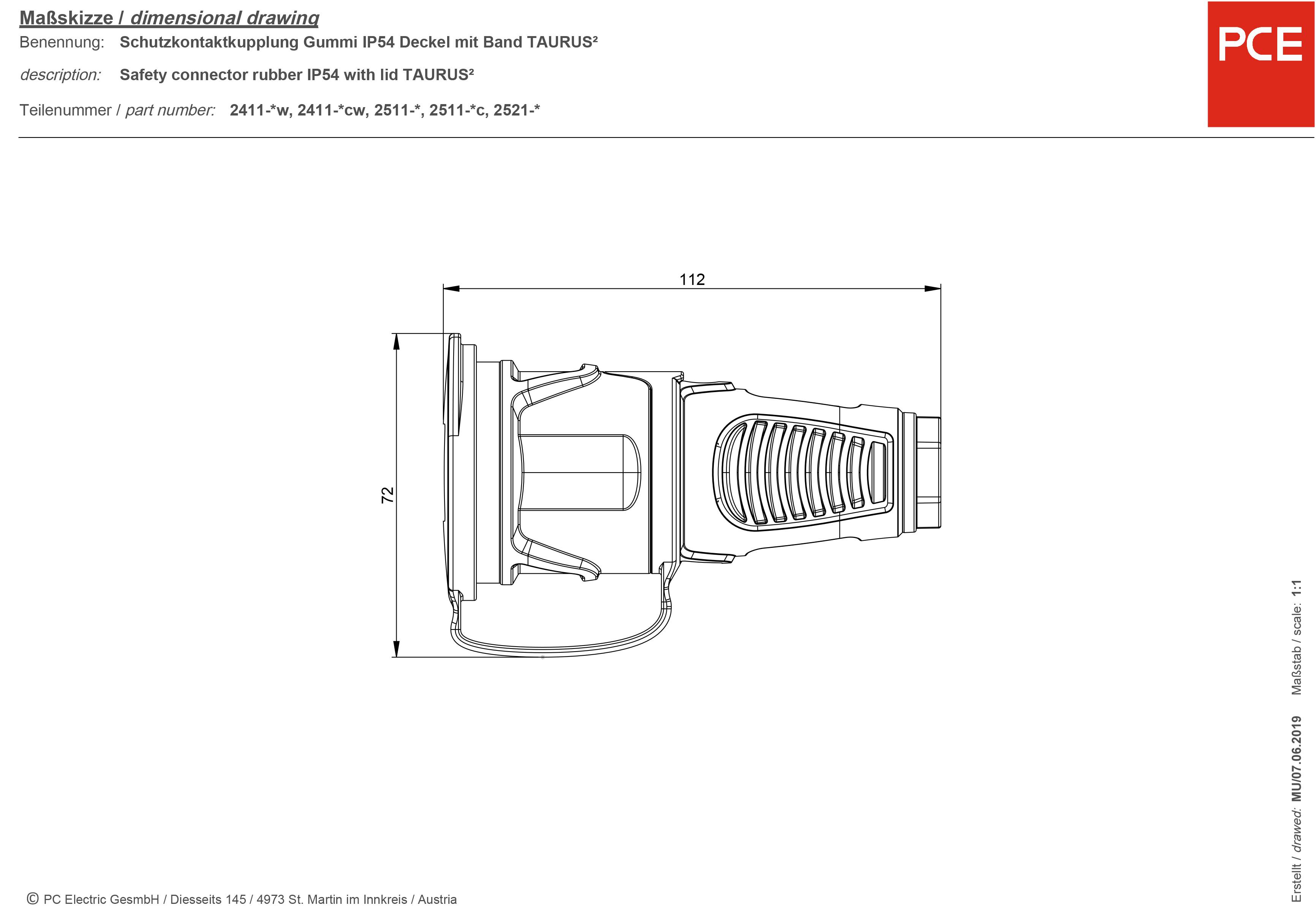 'Technical drawing of a protective contact coupling with rubber IP54 cover. Dimensions: Length 241±1 mm, maximum diameter 79 mm.'