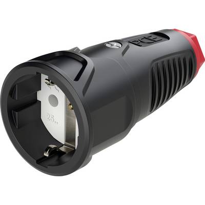 Black, round adaptor plug with red accents, suitable for connecting to electrical devices; shows two contact pins.