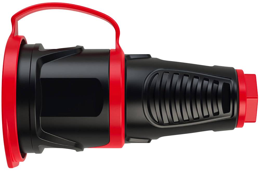 A black industrial light with a red handle and red accents lies horizontally.