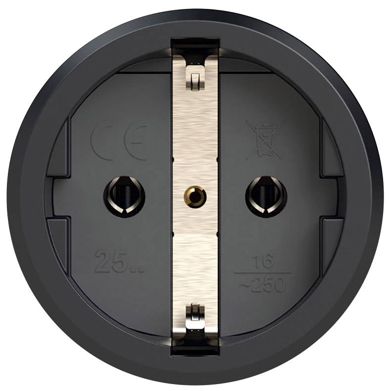 'Close-up of a round, black electrical socket with earth contacts. CE marking and disposal instruction symbols visible.'