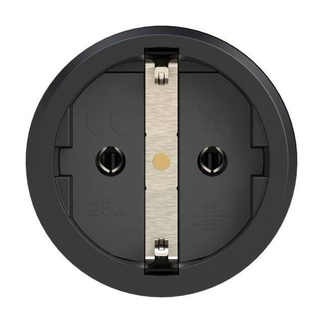 Close-up of a round electrical socket with two plug holes and an earth clip. Suitable for a voltage of 250 volts.