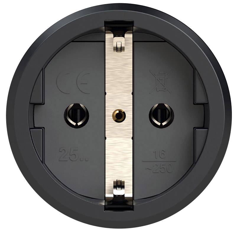 Black, round European socket with two apertures and earthing slot, suitable for devices up to 250V voltage and 16A current rating.
