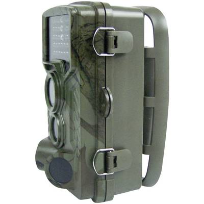 A green trail camera with a camouflage pattern, shown from the side. It has two large sensors and infrared LEDs on top for night-time recording.