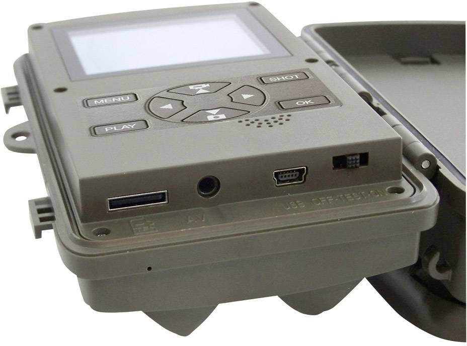 Hunting camera with sealed casing, display and control buttons visible. Suitable for outdoor wildlife observation.