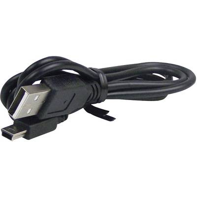 A black USB cable with a standard USB plug on one side and a mini-USB plug on the other side.