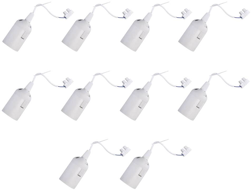 Several white ceiling light socket fittings with connected wires, arranged symmetrically against a white background.