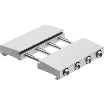 Metallic sliding mechanism with two fixed plates and underlying bolts, suitable for industrial applications.