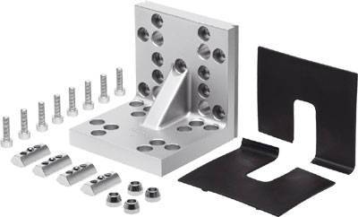 Mounting set comprising a metal angle bracket with holes, screws, nuts and a black mounting bracket, for mechanical fastening.