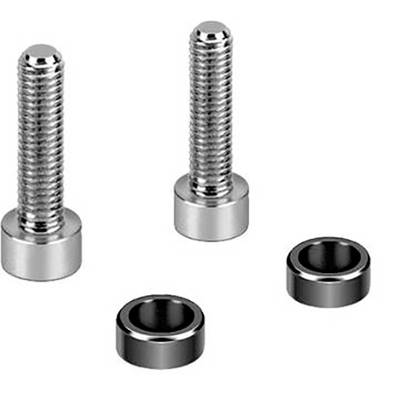 Two silver screws with threads beside two silver washers on a white background.