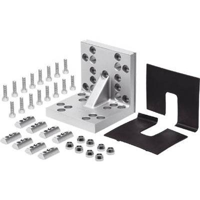 Furniture Connection Mounting Kit, comprising metal brackets, screws, nuts, and protective plate.
