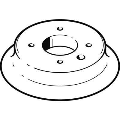 'Black and white drawing of a brake drum with multiple screw holes.'