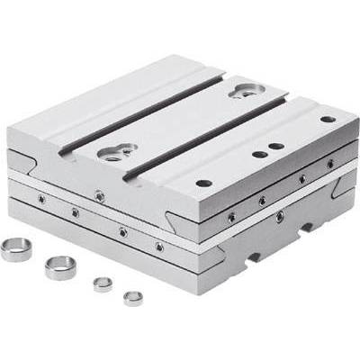 Metal sledge with linear guides and mounting apertures, used in mechanical engineering applications for precise movements.