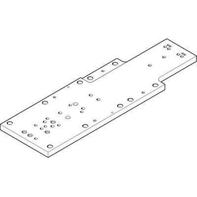 A technical drawing of a rectangular metal plate with multiple holes of varying sizes.
