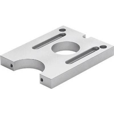 Metal plate with a central round hole, two elongated slots, and four smaller drilled holes at the corners.