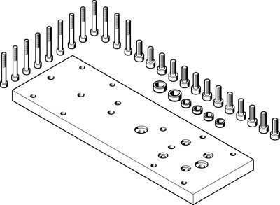 Metal plate patterned with screws and nuts arranged in rows, likely part of an assembly kit.
