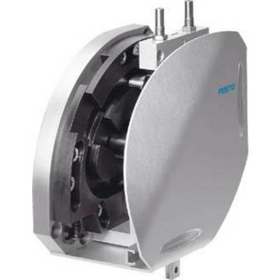 A pneumatic rotary actuator made of metal with a robust housing and blue labelling, with mechanical details visible.
