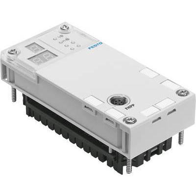 A white electronic device with buttons and displays, mounted on a black base. It appears to be a control module.