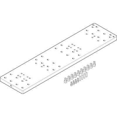 Figure shows a rectangular mounting plate with multiple screw holes and a number of screws for fastening.