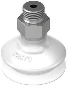 Industrial vacuum suction holder by Festo in grey and white. Designed for material handling. Cylindrical shape with ribbed connection.