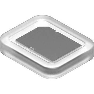 A black memory card is lying in a transparent, rectangular plastic packaging.
