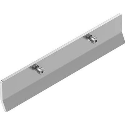 Metal connection piece with two screw fixings, for mounting on surfaces. Primarily used in construction or installation applications.
