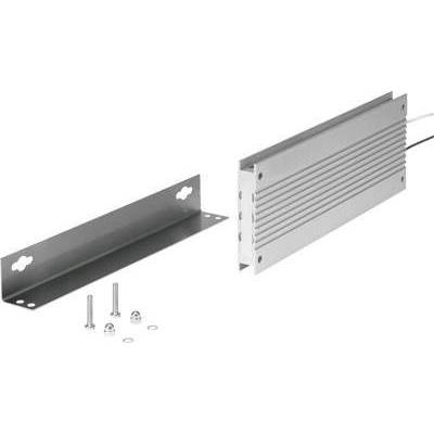 A grey, rectangular metal component with grooves and two complementary mounting brackets, screws and nuts, on a white background.