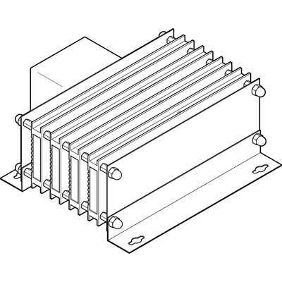 'Line drawing of a heatsink with multiple fins, mounted on a mounting plate. Diagram emphasises heat dissipation.'
