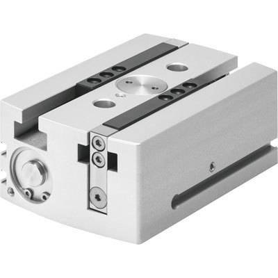 A silver pneumatic cylinder with two mounting slots and multiple screws. Suitable for industrial applications.