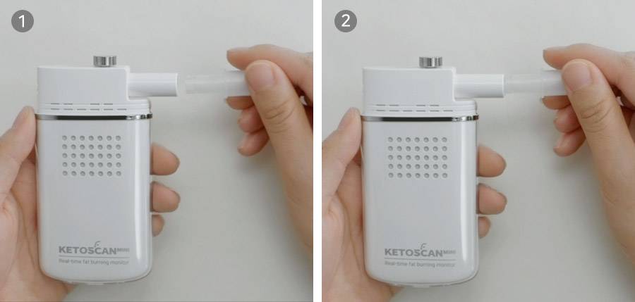 'Two images depicting hands operating a breath analysis device. Image 1 shows preparatory steps, Image 2 shows the device in use.'
