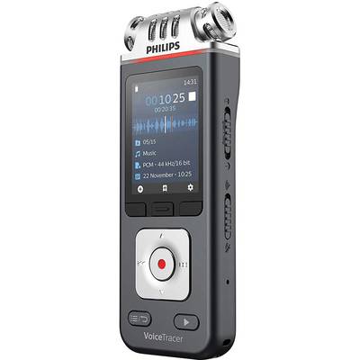 A digital audio recorder with microphones on top, a display showing recording information, and control buttons.