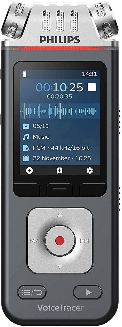 A portable Philips VoiceTracer audio recorder with a display showing recording duration, date, and time. Includes control buttons.