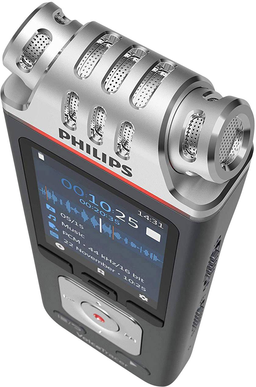Portable Philips audio recorder with microphones and display, showing recording time and audio settings. Ideal for interviews.