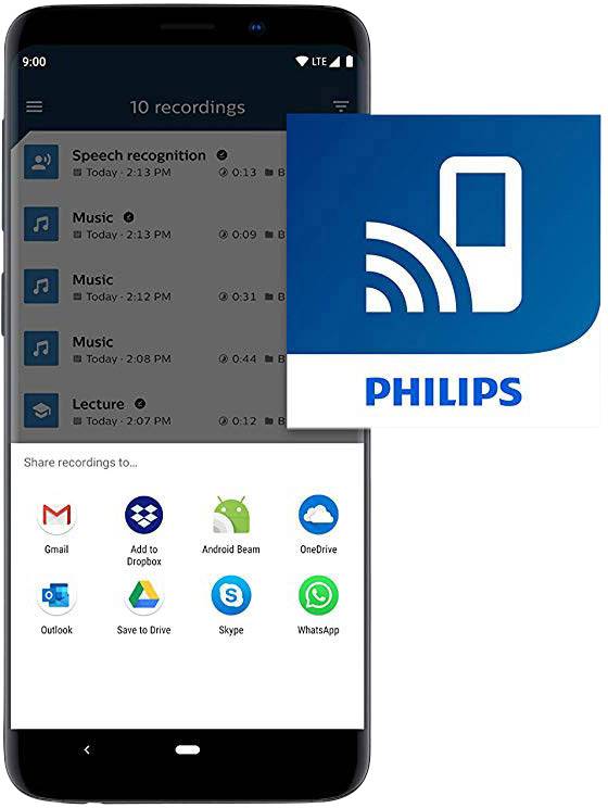 A smartphone displays an app with voice recordings, including sharing symbols. The Philips logo is shown alongside it.