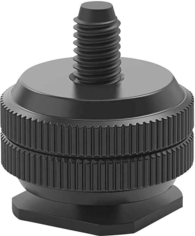 A black metal adapter with a ribbed surface and threaded screw, used for mounting in technical applications.