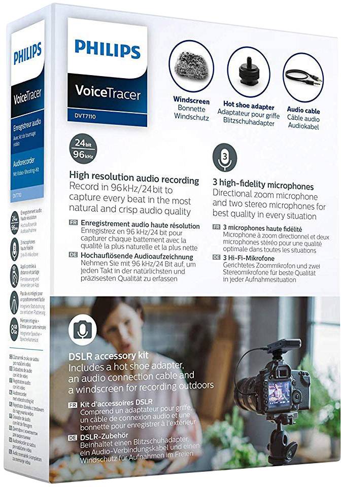 'Philips VoiceTracer DVT7110' packaging highlights features: high-resolution audio recording, directional microphones, DSLR accessory for outdoor recording.
