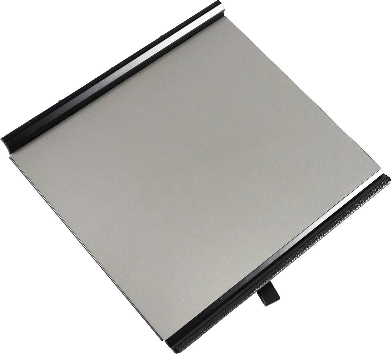 A silver document folder with a black border and a small handle on one side.