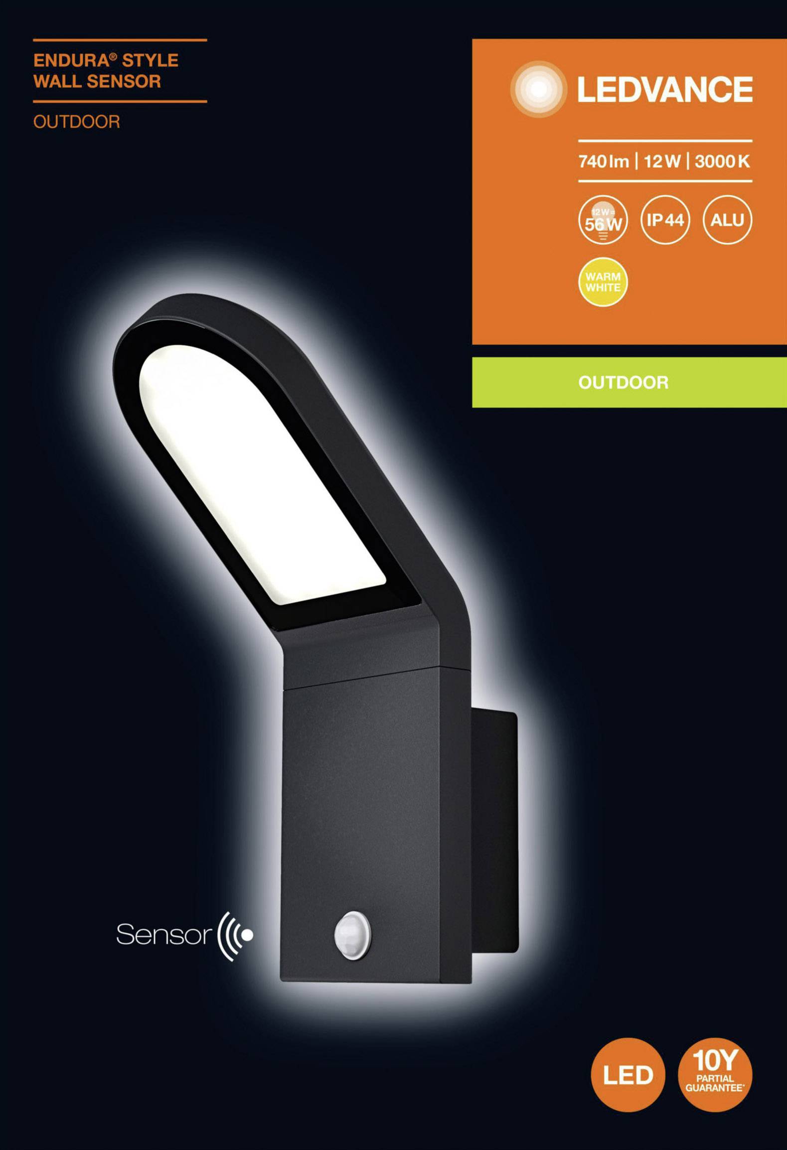 Black LED outdoor light with motion sensor, 740 lumens, 12W, 3000K. Suitable for outdoor use, energy-efficient. Brand name top right.