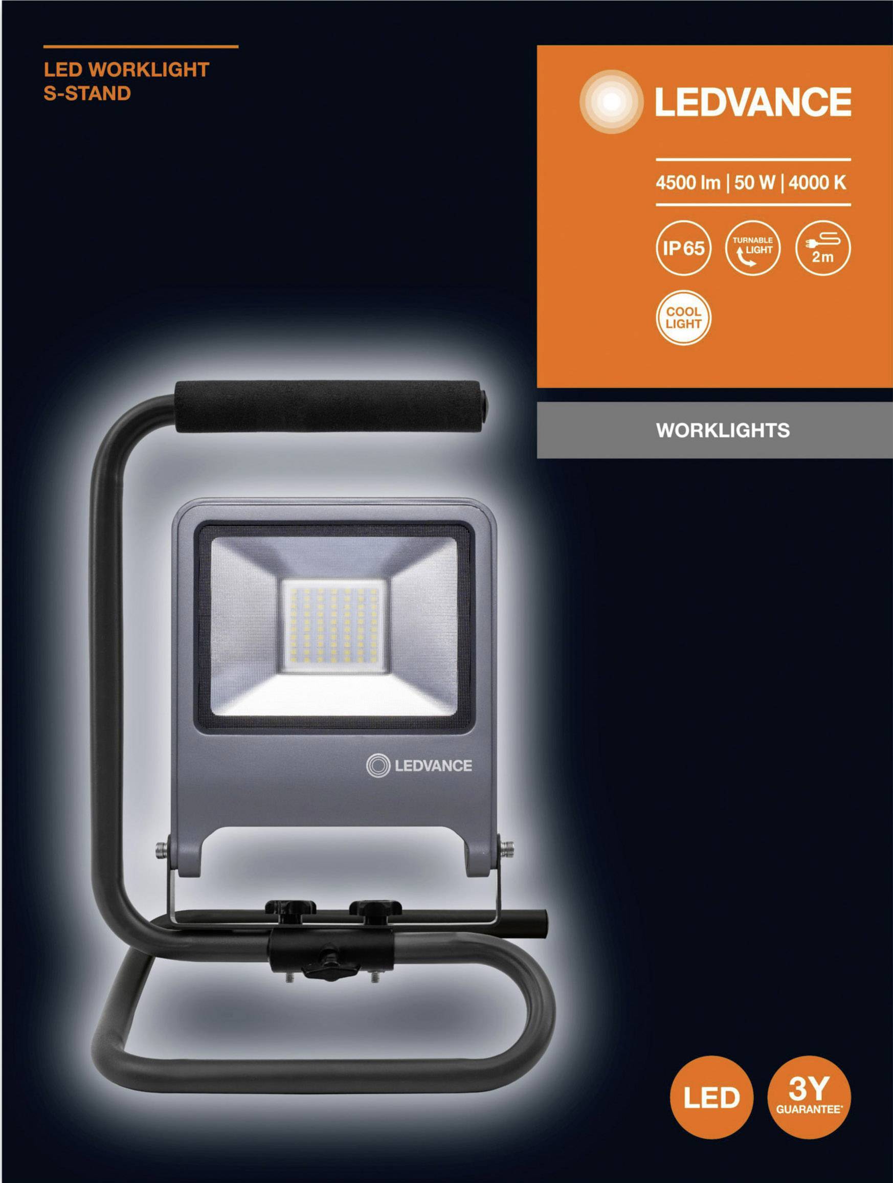Portable LED work light with 4,500 lumens, 50 W power and 4,000 K colour temperature. IP65 protection, suitable for 2m illumination.