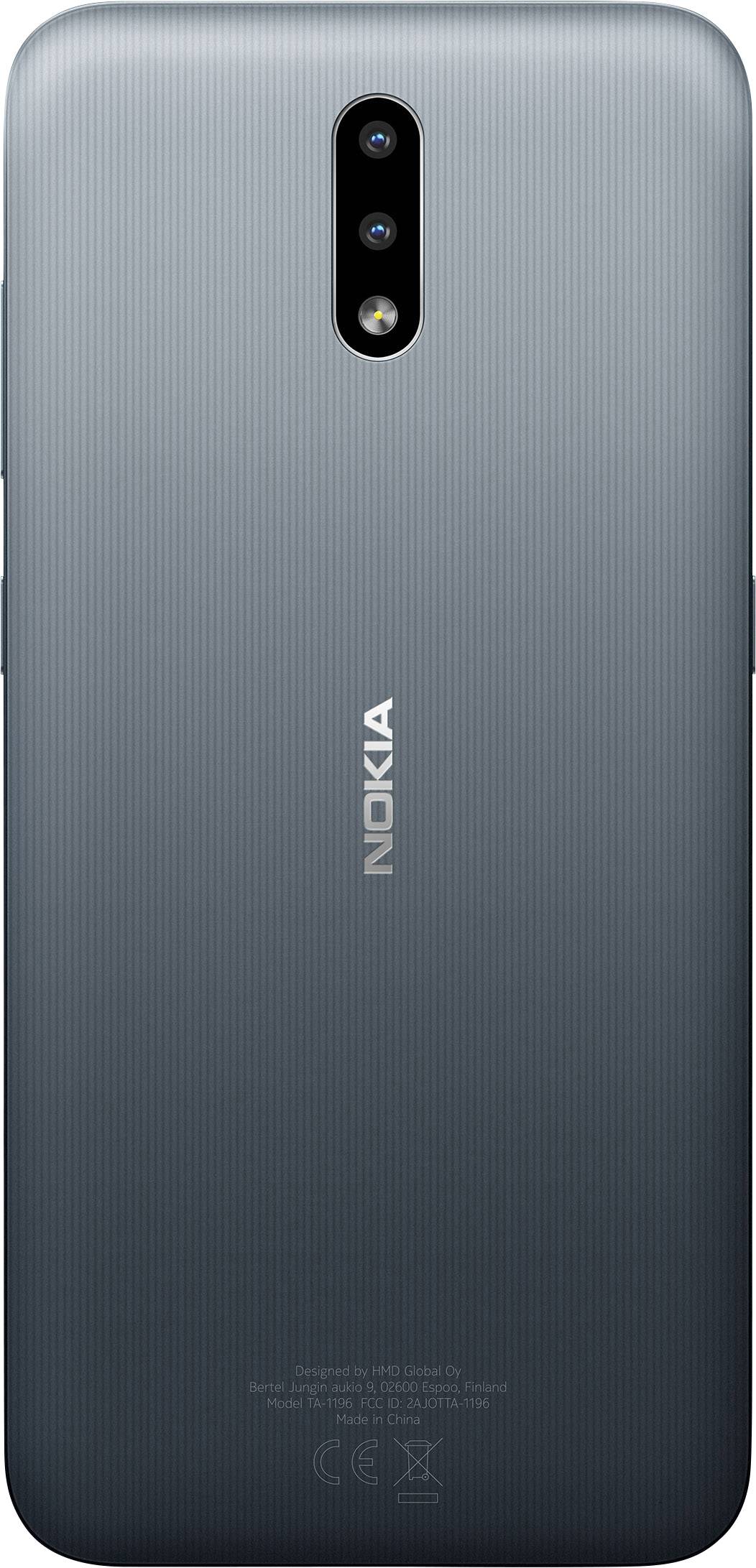 Back of a Nokia smartphone in metallic blue, with three vertically arranged cameras in the top centre.