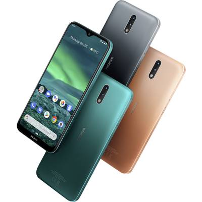 Three smartphones in different colours (teal, black, bronze) displaying front and back sides. The screens show apps and time.
