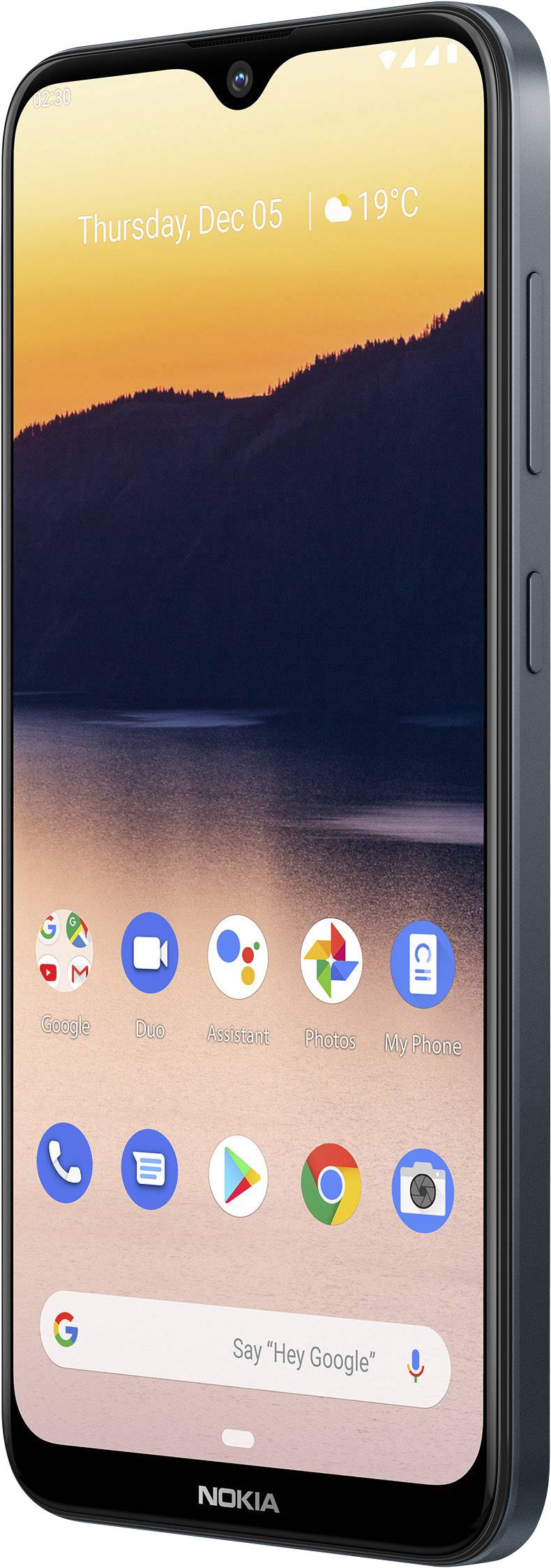 A smartphone with a grey casing displays a screen showing a sunset over mountains, with the date 'Thursday, Dec 05, 19°C'. Various apps are visible.