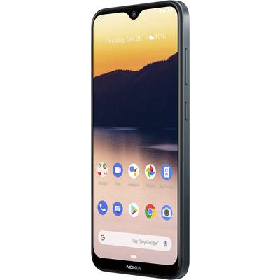 A smartphone with a grey casing displays a screen showing a sunset over mountains, with the date 'Thursday, Dec 05, 19°C'. Various apps are visible.