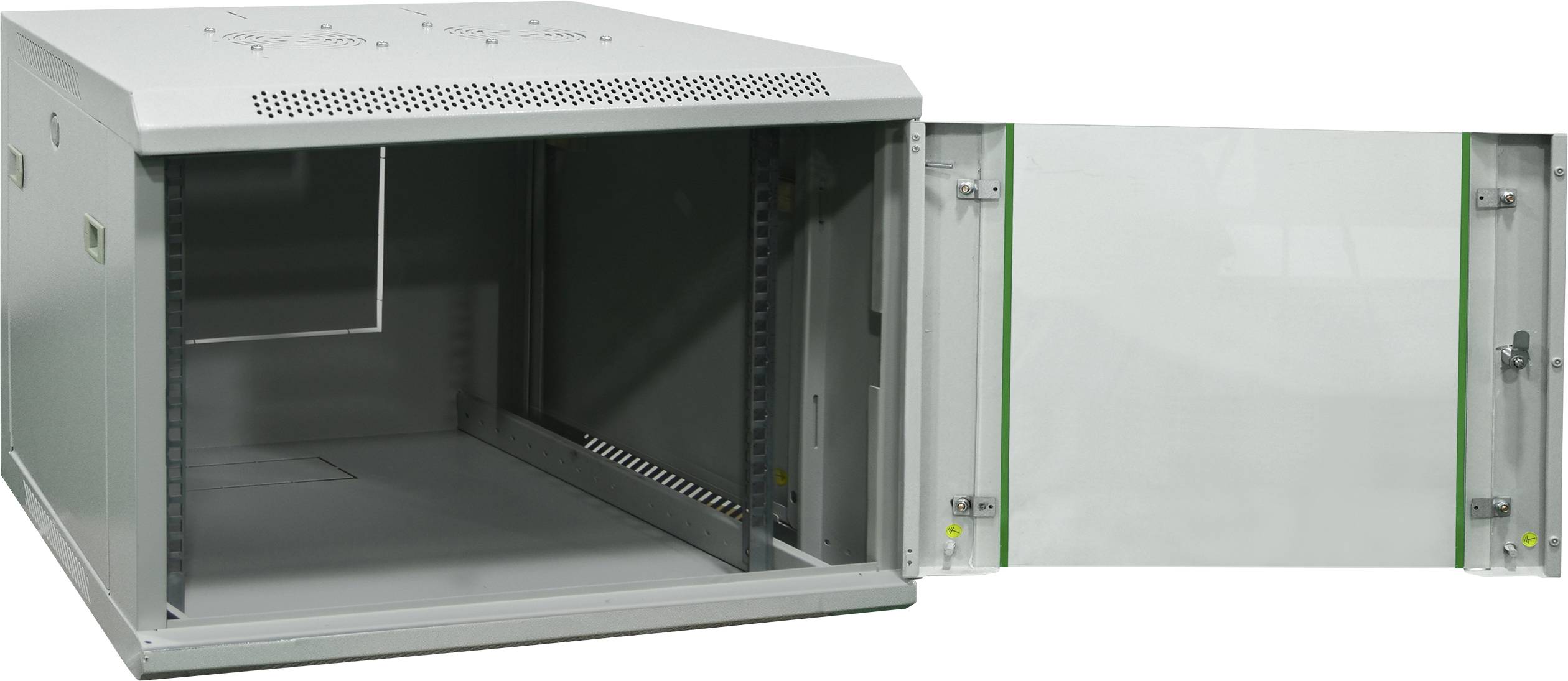 A wall-mounted metal distribution enclosure with a hinged door, suitable for housing network or telecommunications equipment.