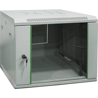 A grey wall-mounted distribution cabinet with a glass door and key lock, suitable for securely housing network equipment.