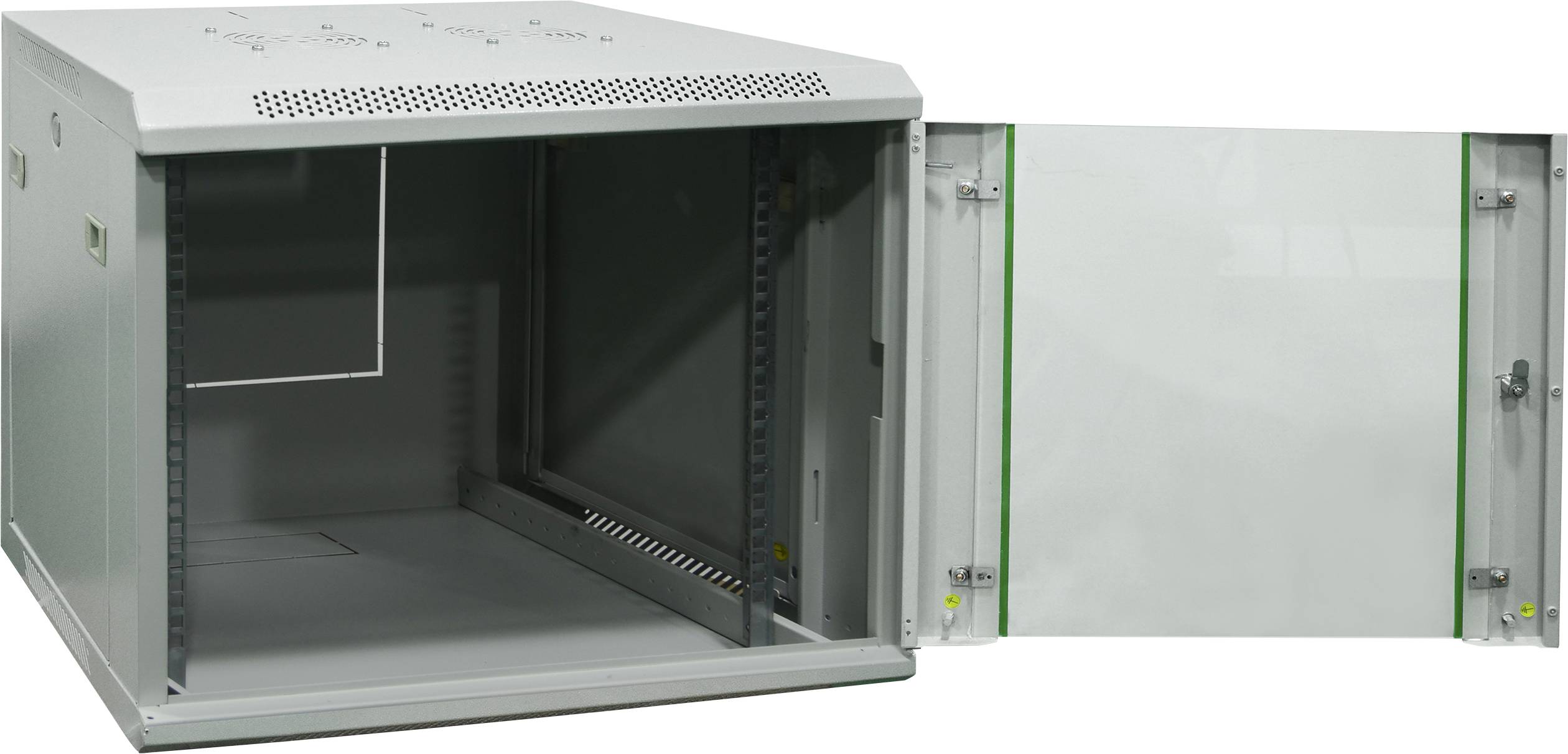 Open wall-mounted metal cabinet with transparent door, suitable for securely storing network devices and electronic equipment.